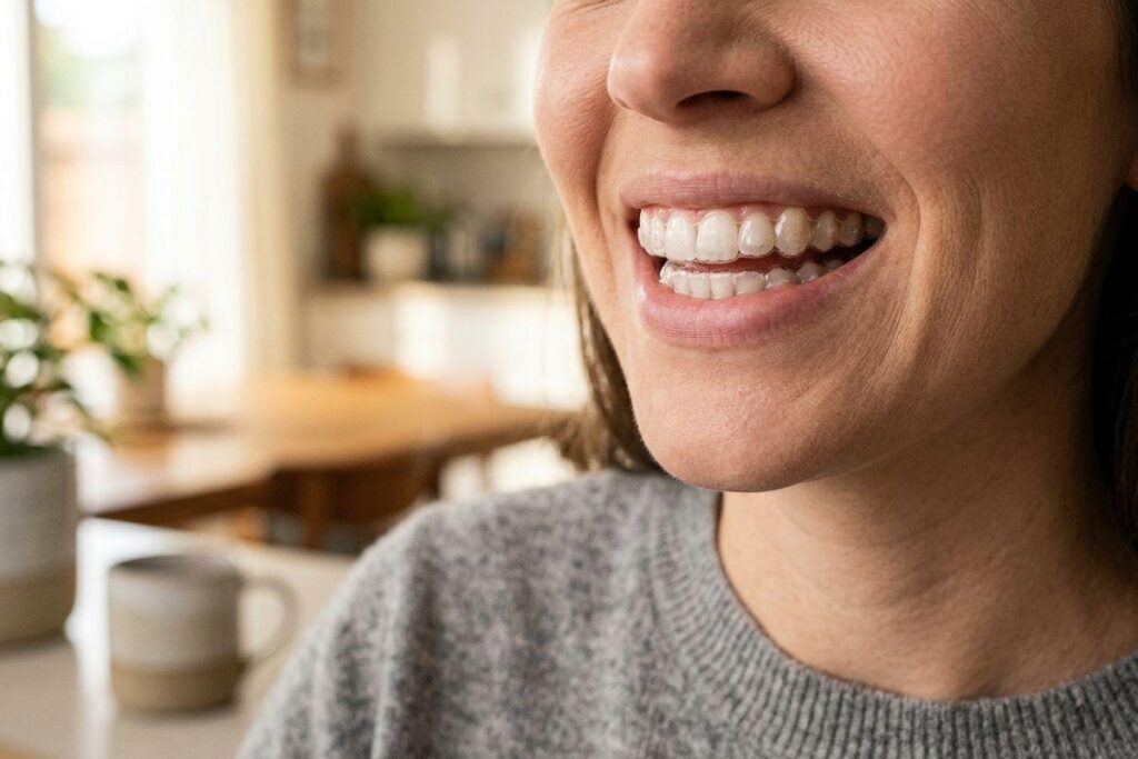 A person wearing suresmile trays in their mouth