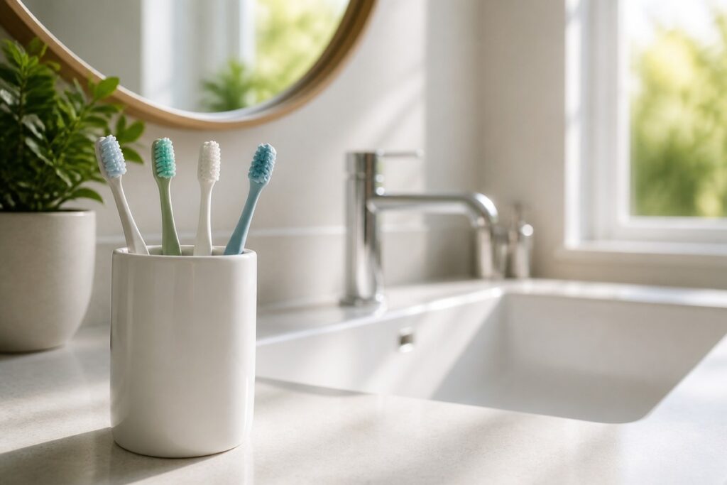 Four toothbrushes in a white ceramic cup on a bathroom counter, beside a plant, with a sink, faucet, round mirror and window behind.