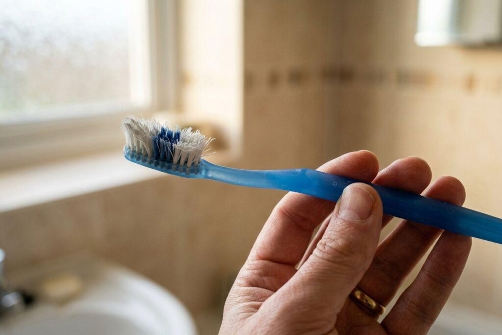 Hand holding a blue toothbrush with frayed, splayed bristles in a bathroom with tiled walls and a window.
