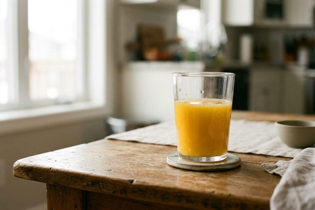 Glass of orange juice on a table.